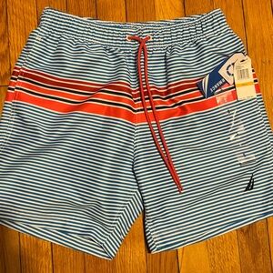 Nautica Blue and White Striped Swim Shorts with Red Details